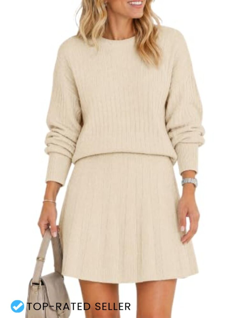 Ribbed Knit 2 Piece Skirt Set Oversized Crewneck Sweater A-Line Mini